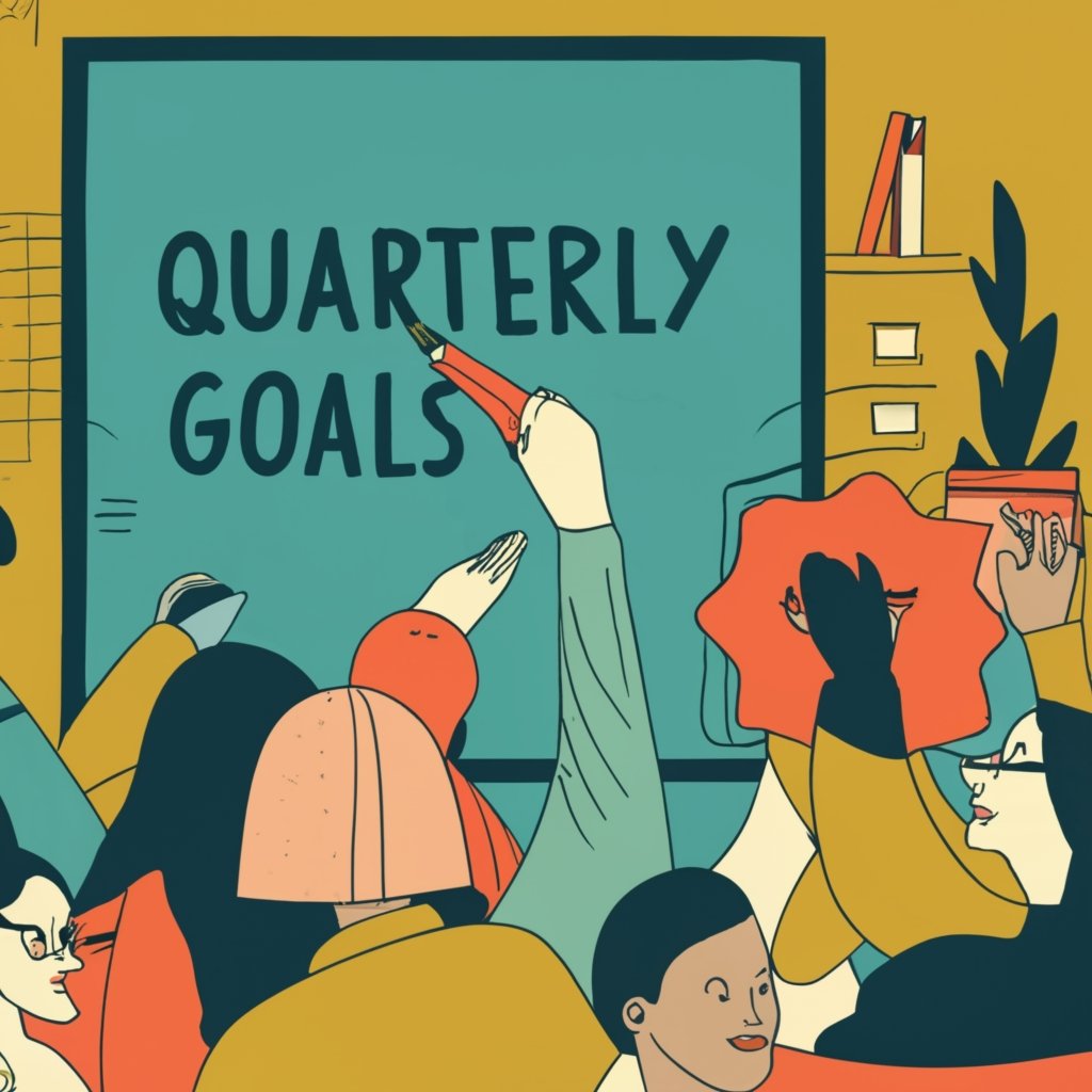 Strategic planning session with employees gathered to outline Quarterly Objectives and Key Results (OKRs) displayed on a prominently featured goals poster.