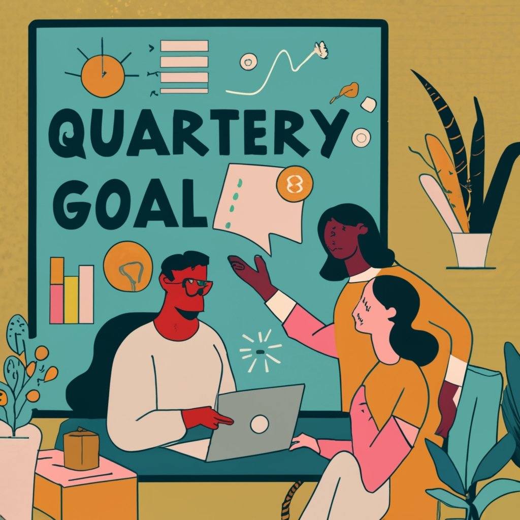 Business professionals engaging in a meeting to set Quarterly OKRs, with a central focus on a 'Quarterly Goals' poster